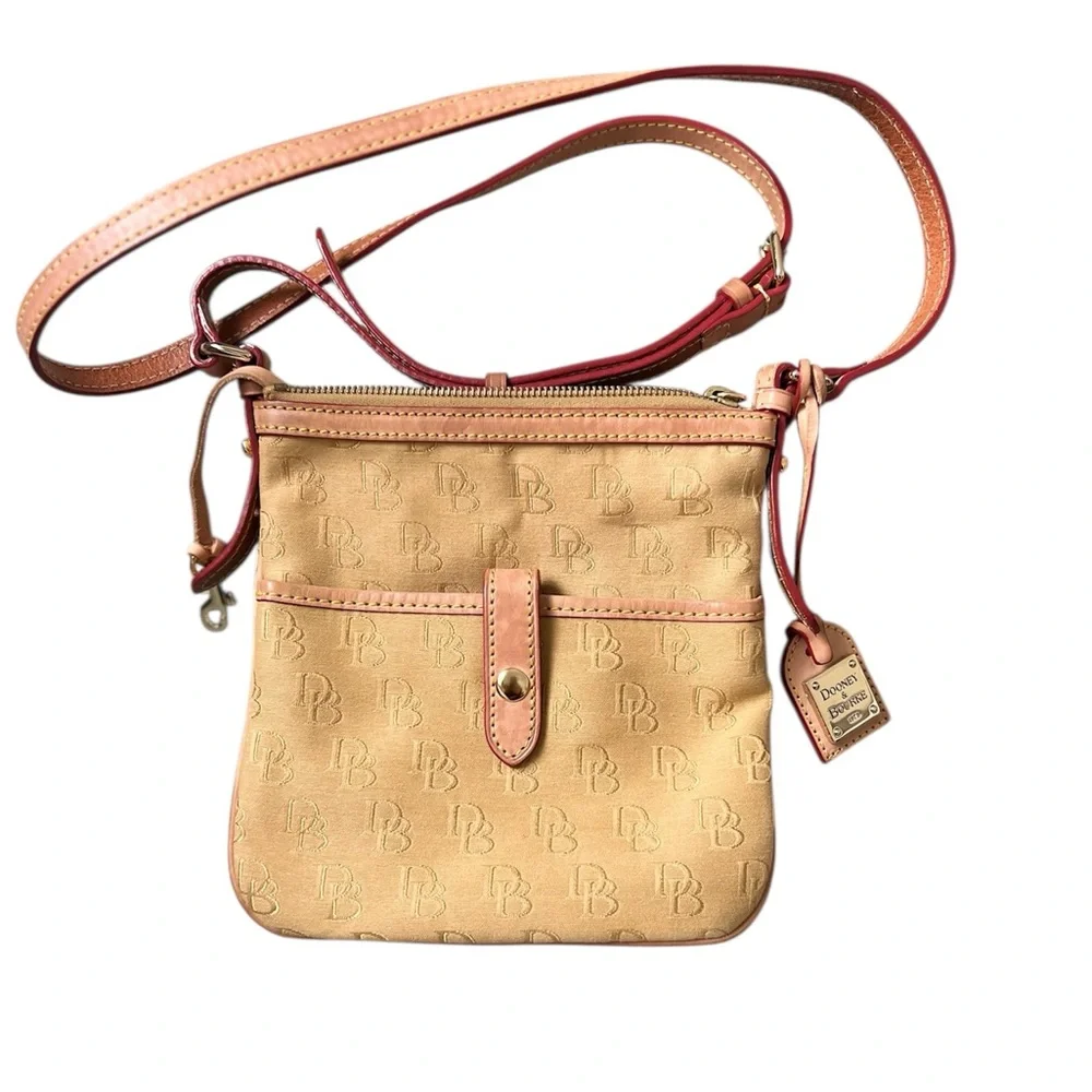 Dooney & Bourke Tan canvas DB signature Crossbody Bag with Leather Trim